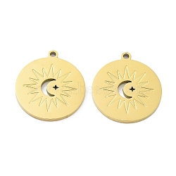 Ion Plating(IP) 316L Surgical Stainless Steel Pendants, Flat Round with Sun Charm, Real 18K Gold Plated, 24.5x22x1.5mm, Hole: 1.8mm(STAS-D029-21G)