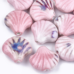 Handmade Porcelain Beads, Fancy Antique Glazed Porcelain, Shell, Pink, 28~29x32~33x12.5~14mm, Hole: 3~3.5mm(PORC-S498-36G)