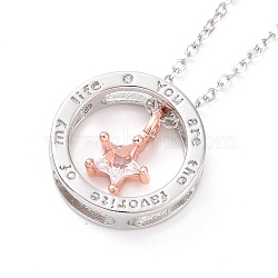 Cubic Zirconia Star Pendant Necklace, Word You Are The Favorite of My Life Brass Jewelry for Women, Platinum & Rose Gold, 16.61 inch(42.2cm)(NJEW-G073-01A-RG)