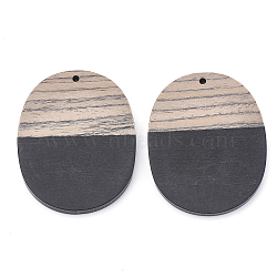 Resin & Wenge Wood Pendants, Oval, Black, 44.5x34.5~35.5x3~4mm, Hole: 2mm(RESI-T023-01A)