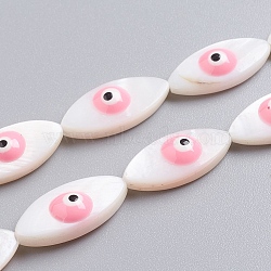 Natural Shell Beads Strands, with Enamel, Horse Eye with Evil Eye, Pink, 17~18x8x5mm, Hole: 0.6mm, about 22pcs/strand, 16.14 inch(41cm)(SSHEL-I024-04G)