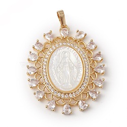 Eco-Friendly Rack Plating Brass Micro Pave Cubic Zirconia Pendant, with Natural White Shell, Long-Lasting Plated, Lead Free & Cadmium Free, Oval with Virgin Mary, Real 18K Gold Plated, 35x29x3.5mm, Hole: 3.5x6.5mm(KK-F835-01G)