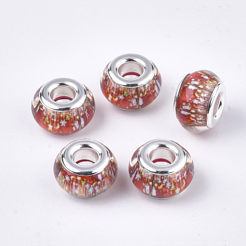 Resin European Beads, Large Hole Beads, with Platinum Tone Brass Double Cores, Christmas Theme, Rondelle, Orange Red, 13x8mm, Hole: 5mm