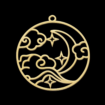 201 Stainless Steel Pendants, Laser Cut, Ring with Cloud & Moon, Golden, 32.5x30x1mm, Hole: 1.8mm