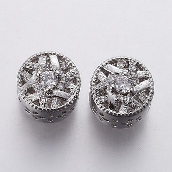 Brass Micro Pave Cubic Zirconia European Beads, Large Hole Beads, Hollow, Flat Round, Clear, Platinum, 11x10mm, Hole: 4.5mm