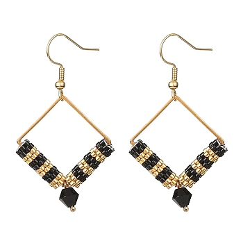 Glass Seed Braided Rhombus Dangle Earrings, Golden 304 Stainless Steel Jewelry for Women, Black, 51x29mm