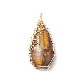 Natural Tiger Eye Copper Wire Wrapped Pendants, Teardrop Charms, Golden, 36x17x8mm, Hole: 3x2mm