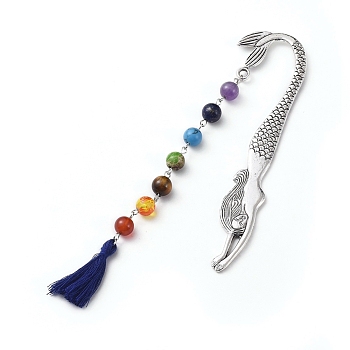 Tibetan Style Alloy Bookmarks, with Gemstone Beads Chains, Cotton Thread Tassel Pendant Decorations, Mermaid, Marine Blue, 165mm