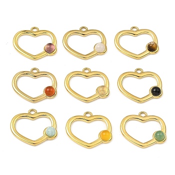 Natural Mixed Gemstone Pendants, Ion Plating(IP) 316 Stainless Steel Heart Charms, Real 24K Gold Plated, 15.5x18x4mm, Hole: 1.6mm