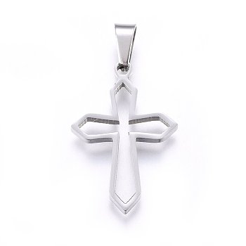 304 Stainless Steel Pendants, Cut-Out, with Hollow, Cross, Stainless Steel Color, 27.5x19x2.2mm, Hole: 8x4mm