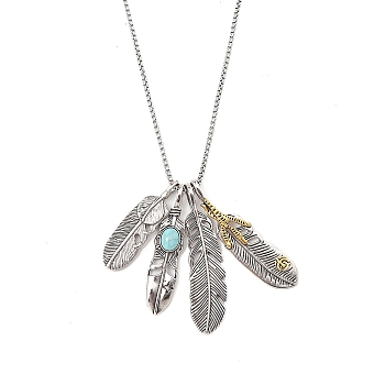 Zinc Alloy Pendant Necklaces, with 201 Stainless Steel Chain, Synthetic Turquoise Feather, 23.62 inch(60cm)