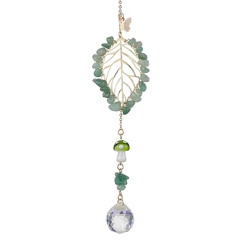 Green Aventurine with Glass and Lampwork Pendant Decorations, With Alloy Finding, Leaf, 250mm