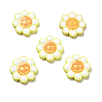 Opaque Acrylic Beads, with Enamel, Flower with Smiling Face, Yellow, 24.5~25x4mm, Hole: 1.5mm