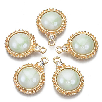 Porcelain Pendants, with Light Gold Plated Brass Findings and Crystal Rhinestone, Half Round, Honeydew, 23x17x5mm, Hole: 1.8mm