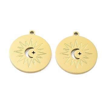 Ion Plating(IP) 316L Surgical Stainless Steel Pendants, Flat Round with Sun Charm, Real 18K Gold Plated, 24.5x22x1.5mm, Hole: 1.8mm
