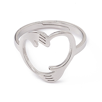 201 Stainless Steel Hand Hug Heart Adjustable Ring for Women, Stainless Steel Color, US Size 6(16.5mm)