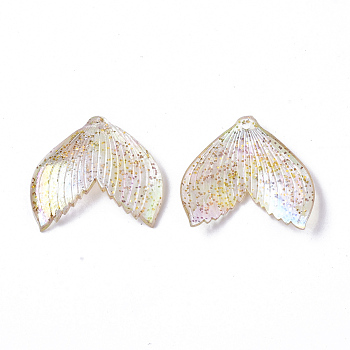 Transparent Acrylic Pendants, with Glitter Powder, AB Color Plated, Mermaid Fishtail, Gold, 24x26x3mm, Hole: 1.4mm