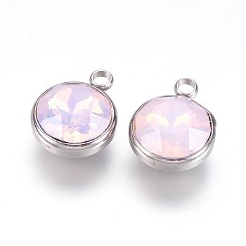 K9 Glass Rhinestone Pendants, with 304 Stainless Steel Findings, Flat Round, Pink, 18x14x9mm, Hole: 2.5mm
