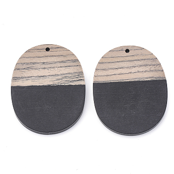 Resin & Wenge Wood Pendants, Oval, Black, 44.5x34.5~35.5x3~4mm, Hole: 2mm