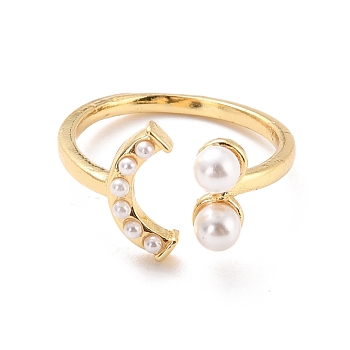 Smiling Face Imitation Pearl Cuff Ring for Women, Wire Wrap Brass Open Ring, Cadmium Free & Lead Free, Real 18K Gold Plated, US Size 7 1/4(17.5mm)