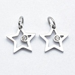 316 Surgical Stainless Steel Pendants, with Cubic Zirconia, Long-Lasting Plated, Star, Clear, Stainless Steel Color, 14x14x2mm, Hole: 3mm(STAS-K178-01A-P)