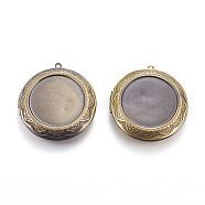 Brass Locket Pendants, Photo Frame Charms for Necklaces, Flat Round, Antique Bronze, 48x44.5x10mm, Hole: 2mm(KK-P177-01AB)