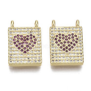 Brass Micro Pave Cubic Zirconia Pendants, Nickel Free, Rectangle with Heart, Real 16K Gold Plated, Medium Violet Red, 17x11x2.5mm, Hole: 1mm(ZIRC-N039-080A-NF)