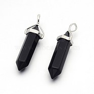 Synthetic Black Stone Bullet Double Terminated Pointed Pendants, with Platinum Plated Alloy Findings, 38~41x13x10mm, Hole: 5x3mm(G-F171-11)