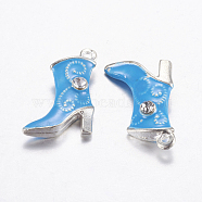 Alloy Enamel Pendants, with Rhinestone, Shoes, Sky Blue, Silver Color Plated, 20.5x14x5.5mm, Hole: 1.5mm(ENAM-G102-01S)