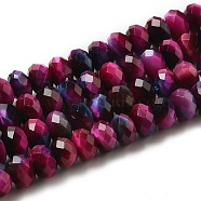 Natural Rainbow Tiger Eye Beads Strands, Dyed, Faceted, Rondelle, Fuchsia, 8x5mm, Hole: 1mm, about 71pcs/strand, 15.35 inch(39cm)(G-NH0002-D05-03)