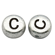 Silver Color Plated Acrylic Horizontal Hole Letter Beads, Flat Round, Letter.C, 7x3.5mm, Hole: 1mm, about 360pcs/50g(X-MACR-PB43C9070-C)