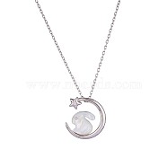 Natural Shell Bunny with Crescent Moon Pendant Necklace with Clear Cubic Zirconia, Rhodium Plated 925 Sterling Silver 2023 New Rabbit Year Jewelry for Women, Platinum, 16.14 inch(41cm)(JN1073B)