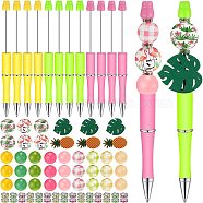 Leaf Pattern Plastic Ball-Point Pen, Beadable Pen, for DIY Personalized Pen with Wood Round & Rhinestones Beads, Green, 140x200x25mm, round: 27pcs(PW-WG18950-05)