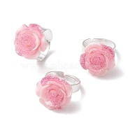 Glitter Powder Rose Resin Finger Rings, Brass Adjustable Rings for Women, Pink, 20x20mm, Inner Diameter: 18mm(RJEW-JR00731-01)