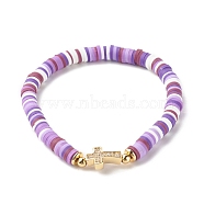 Polymer Clay Heishi Beads Stretch Bracelet for Women, Cross Cubic Zirconia Link Bracelet, Golden, Medium Orchid, Inner Diameter: 2-1/4 inch(5.6cm)(BJEW-JB07207-02)