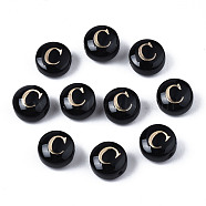 Handmade Lampwork Beads, with Golden Plated Brass Etched Metal Embellishments, Flat Round with Alphabet, Letter.C, 8x5mm, Hole: 0.8mm(LAMP-S196-001C)