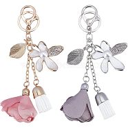 CHGCRAFT 2Pcs 2 Colors Alloy Rhinestone Keychain, with Cloth Tassel and Alloy Findings, Flower & Leaf, Platinum & Golden, 15cm, 1pc/color(KEYC-CA0001-28)