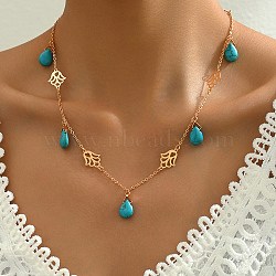 Natural Turquoise Teardrop Bib Necklaces, Brass Hamsa Hand Pendant Necklaces for Women, Golden, 20.08 inch(51cm)(NA8254)