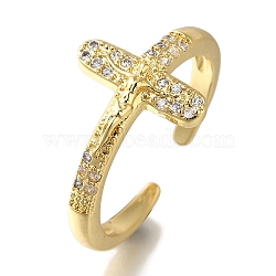 Rack Plating Crucifix Cross Brass Clear Cubic Zirconia Open Cuff Rings, Cadmium Free & Lead Free, Long-Lasting Plated, for Women, Real 18K Gold Plated, 12.5mm(RJEW-S411-06G)