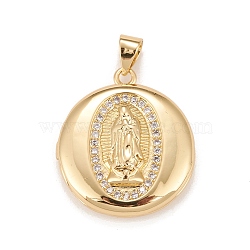 Brass Micro Pave Cubic Zirconia Locket Pendants, Photo Frame Charms for Necklaces, Real 18K Gold Plated, Lead Free & Cadmium Free, Flat Round with Saint, Clear, 23x20x5mm, Hole: 4x3mm, Inner Diameter: 15mm(KK-A161-52G)