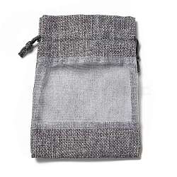 Linen Pouches, Drawstring Bags, with Organza Windows, Rectangle, Gray, 14x10x0.5cm(ABAG-I009-02H)