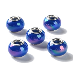 Opaque Brass Cores Acrylic European Beads, Round, Large Hole Bead, Silver, Blue, 14x10mm, Hole: 5mm(OACR-M024-04S-08)