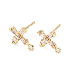 Cross Brass Micro Pave Cubic Zirconia Stud Earrings Finding, Real 14K Gold Plated, 11.5x9mm, Hole: 1.4mm, Pin: 0.8mm(KK-Z084-02G)