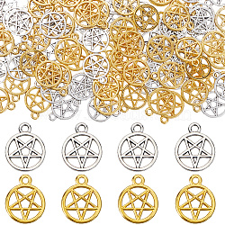 100Pcs 2 Colors Tibetan Style Alloy Pendants, Hollow, Ring with Star, Mixed Color, 16x13x1~2mm, Hole: 1.8~2mm, 50pcs/color(TIBEP-SC0002-78)