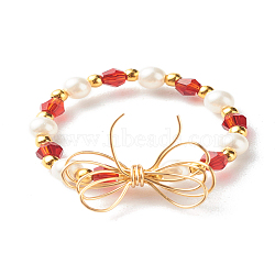 Imitate Austrian Crystal Bicone Glass Beaded Finger Rings, with Round Shell Pearl Beads and 304 Stainless Steel Round Beads, Eco-Friendly Copper Wire, Bowknot, Real 18K Gold Plated, Red, US Size 9(18.9mm)(X1-RJEW-TA00003-03)