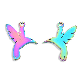 Ion Plating(IP) 201 Stainless Steel Pendants, Birds, Rainbow Color, 16x12x1mm, Hole: 1.2mm