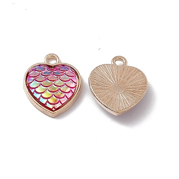 Alloy Pendants, with Opaque Resin, Heart Charms with Scales Pattern, Light Gold, Hot Pink, 17x14x3.5mm, Hole: 1.8mm