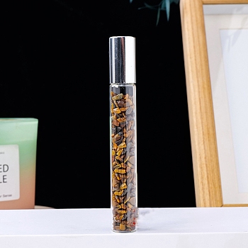 Natural Tiger Eye Chip Bead Roller Ball Bottles, with Cover, SPA Aromatherapy Essemtial Oil Empty Glass Bottle, 10.7cm