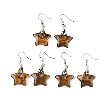 Natutal Tiger Eye Dangle Earrings, with Rack Plating Brass Earring Hooks, Lead Free & Cadmium Free, Star, 44x22.5mm