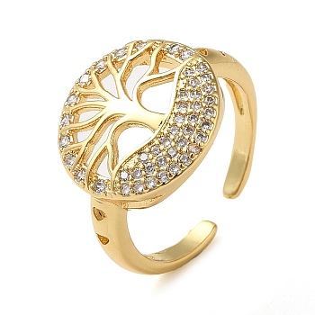 Brass Micro Pave Cubic Zirconia Open Cuff Ring, Tree of Life, Real 16K Gold Plated, US Size 6(16.5mm)